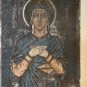 Mother Mary painted wood picture.